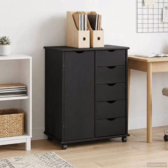 Mobile con Ruote vidaXL in Legno di Pino Massello Nero L: 63,5 cm, P: 39 cm, H: 79 cm – 1