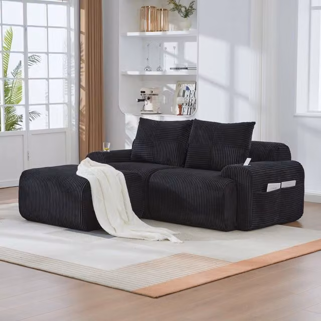 Divano modulare 200x174x80 cm 2 posti con portabevande e tasca laterale in velluto a coste nero