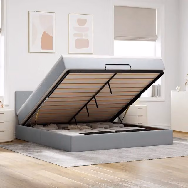 Letto con contenitore a sollevamento vidaXL in tessuto grigio e bianco con materasso, L: 180 cm, P: 200 cm, H: 88 cm