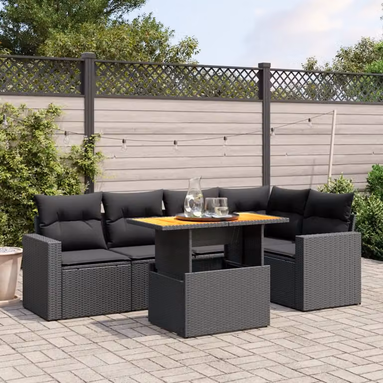 vidaXL Set Divano da Giardino 6 pz a Forma a L in Polyrattan Nero con Cuscini e Tavolino