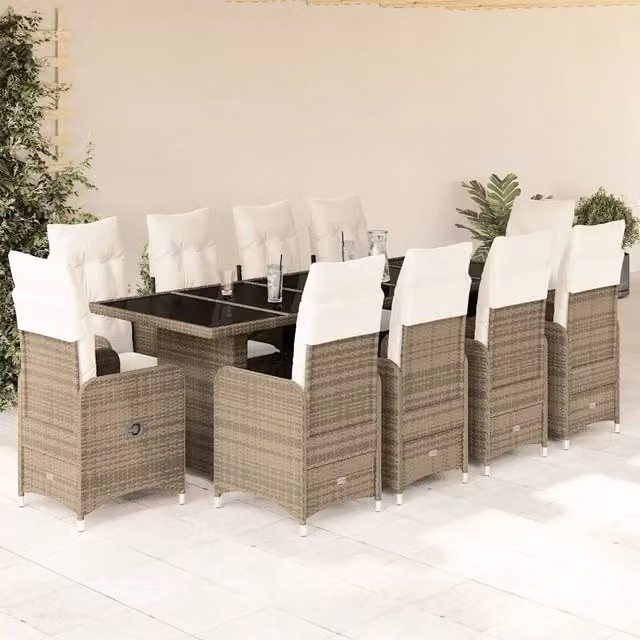 Set Bistrò da Giardino vidaXL 11 pz in Polyrattan Beige e Bianco con Cuscini e Tavolo in Vetro
