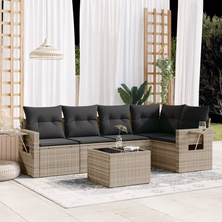 vidaXL Set Divano da Giardino a L in Polyrattan Grigio con Cuscini e Tavolino da 6 Pezzi