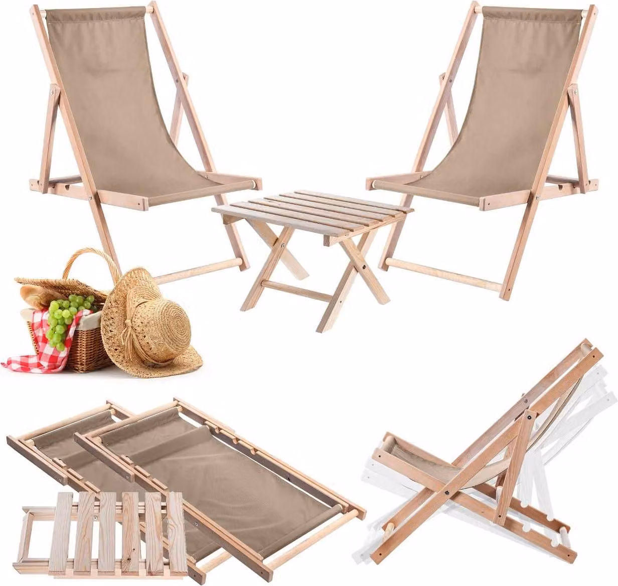 Set KADAX tavolino naturale per sdraio + 2 sdraio cappuccino in legno