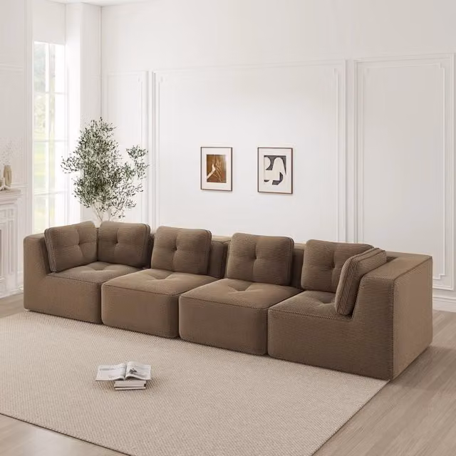 Divano Angolare Modulare 4 Posti MINIMAL con Funzione Letto, Rivestimento in Tessuto a Coste, Marrone