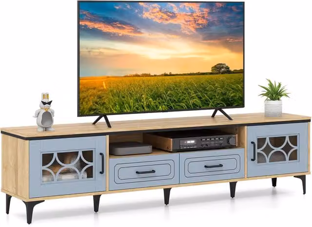 Mobile TV Costway in Legno e Metallo Blu con 2 Cassetti e 2 Armadi, L: 180.5 cm, P: 35 cm, H: 46 cm