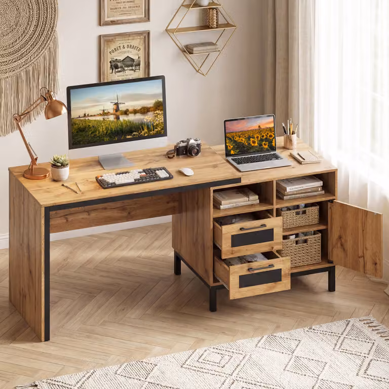 Scrivania per computer Costway in stile industriale color marrone con cassetti e scomparti aperti per ufficio o casa