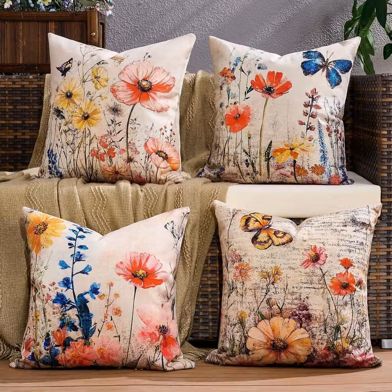 Set di 4 cuscini da esterno, resistenti alle intemperie, 40x40 cm, motivo "farfalla vintage", ideali per giardino e balcone