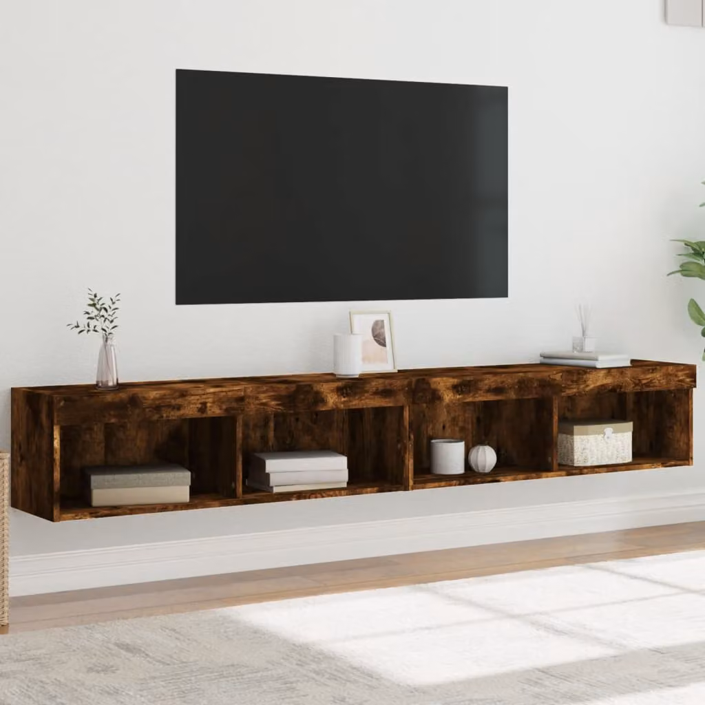 Set di 2 mobili porta TV sospesi vidaXL in legno Rovere Fumo con luci LED integrate, design moderno per soggiorno, L 100 cm x P 30 cm x H 30 cm