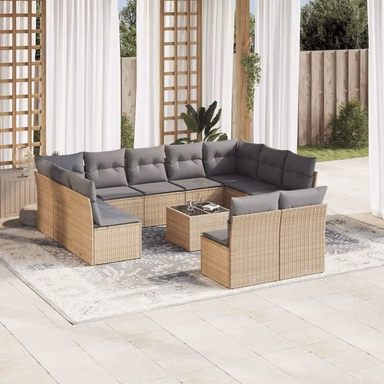 vidaXL Set Divani da Giardino 12 Pezzi con Tavolino e Cuscini Beige e Grigio in Polyrattan e Acciaio