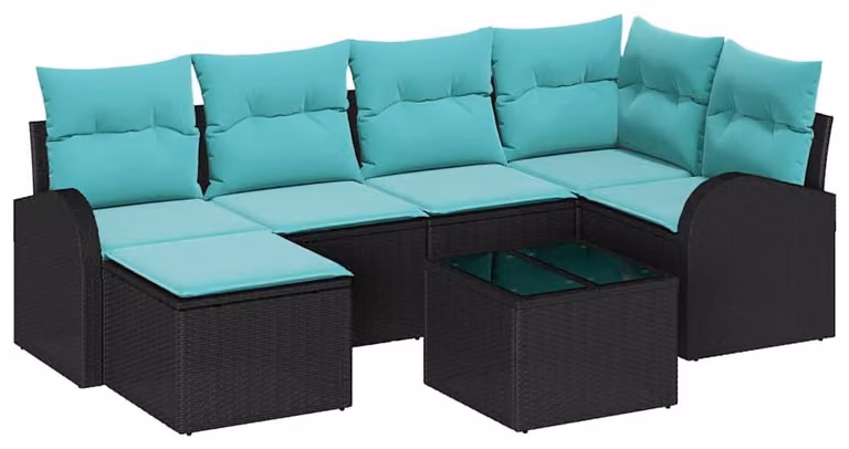 Set di divani da salotto, 7 pezzi, colore nero e turchese, realizzato in rattan sintetico