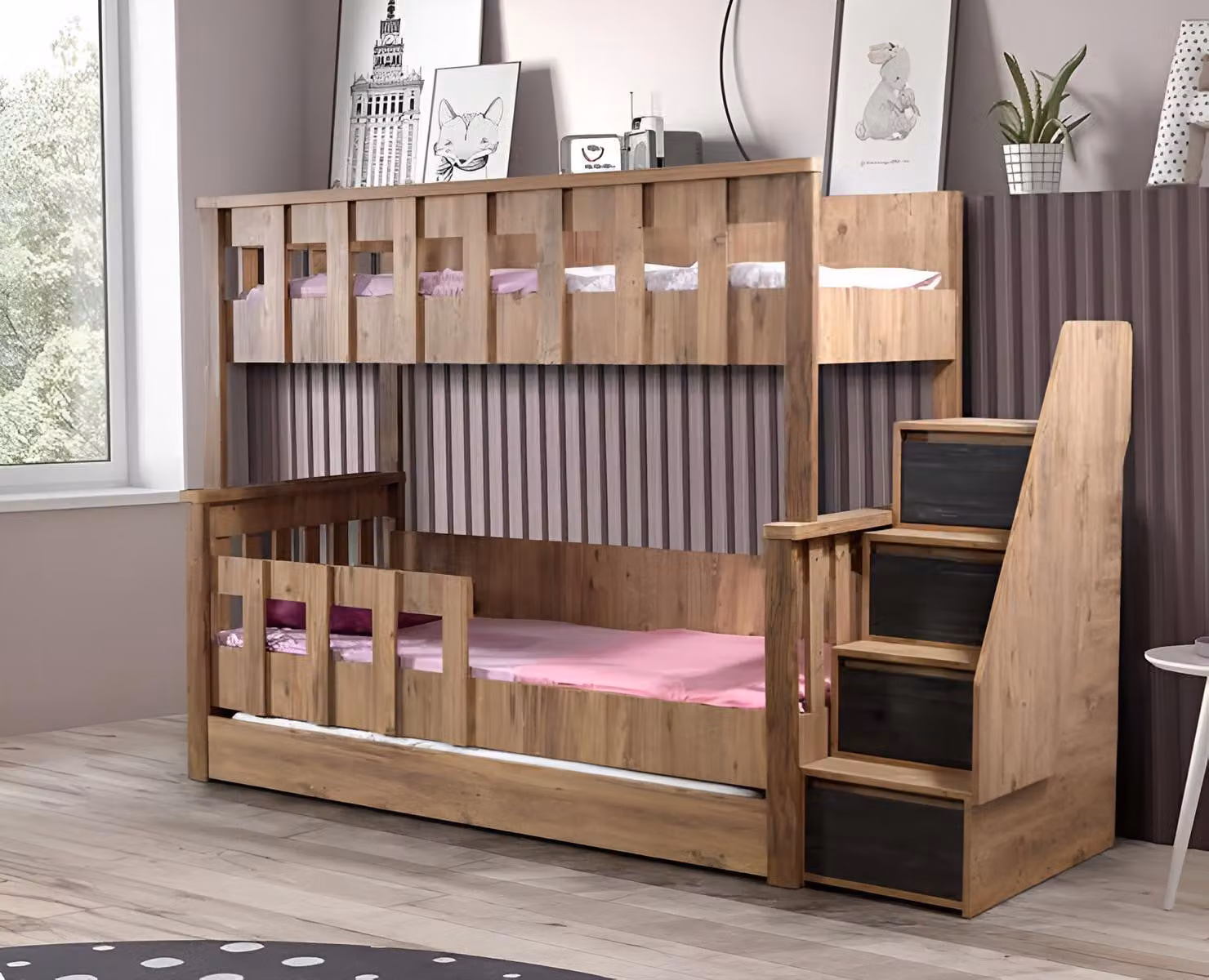Letto a castello con pratici cassetti e scaletta, ideale per gli spazi ridotti