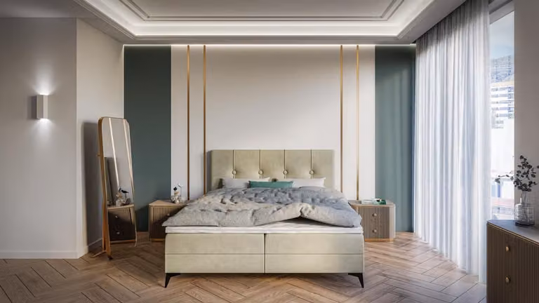 Bett Luxus Schlafzimmer Polstermöbel Design Doppelbett Stoff Boxspringbett