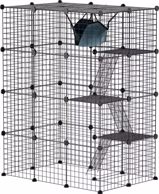 PawHut Gabbia per Gatti Grande 4 Livelli con Struttura Personalizzabile in Acciaio, Rampe, Amaca, per 1-3 Gatti, Nero   Aosom Italy