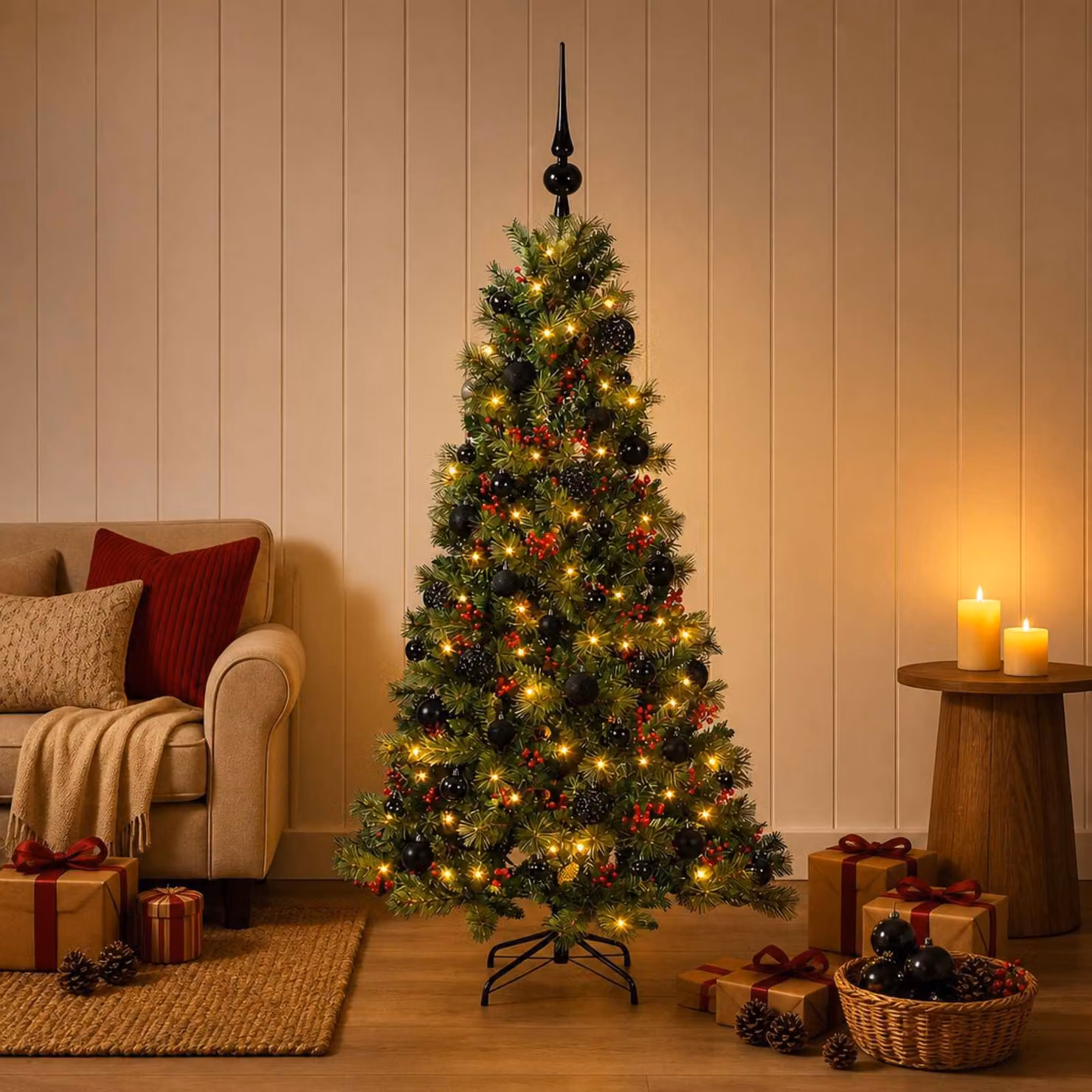 Albero di Natale artificiale con decorazioni natalizie, altezza 150 cm, 150 luci LED