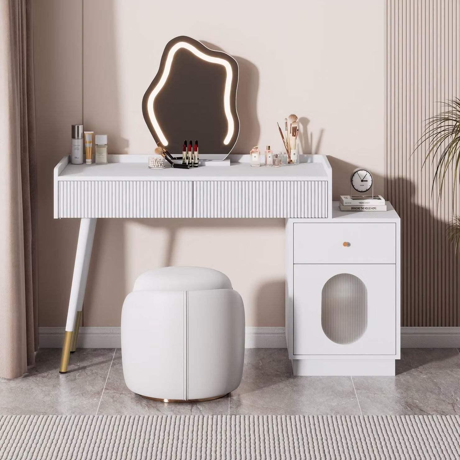 Abrihome, tavolo da toilette con specchio LED e mobiletto, tavolo da toilette con 3 cassetti (senza sgabello)