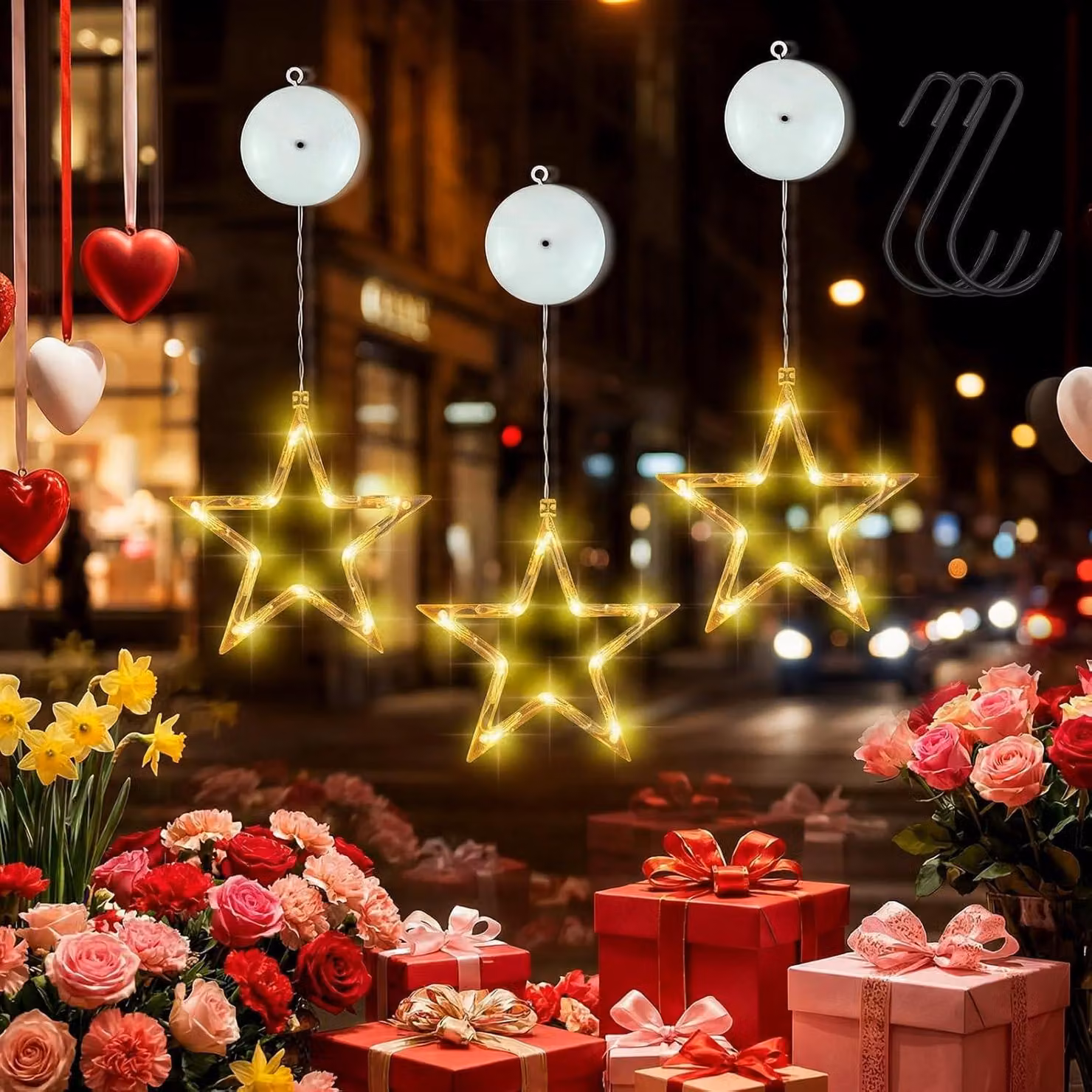 Set di 3 luci da finestra a LED a forma di stella con timer, per interni