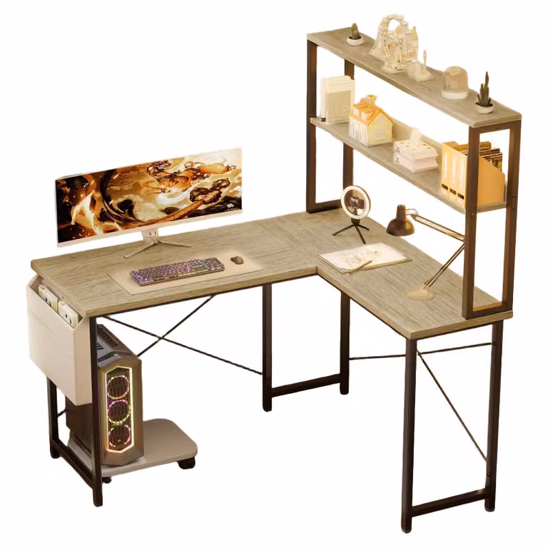 AIORBER Scrivania da gaming a forma di L 148 cm con illuminazione a LED, porte USB, scrivania angolare per computer, scrivania da ufficio con scaffale e contenitore, beige