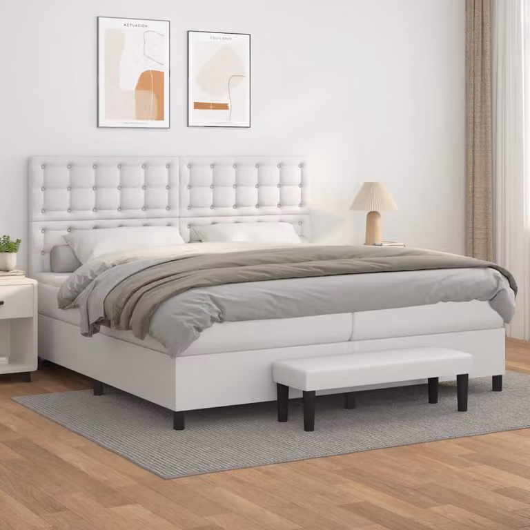vidaXL Giroletto a Molle Ibrido con Materasso in Similpelle Bianco L/P/H: 200 x 200 x 128 cm