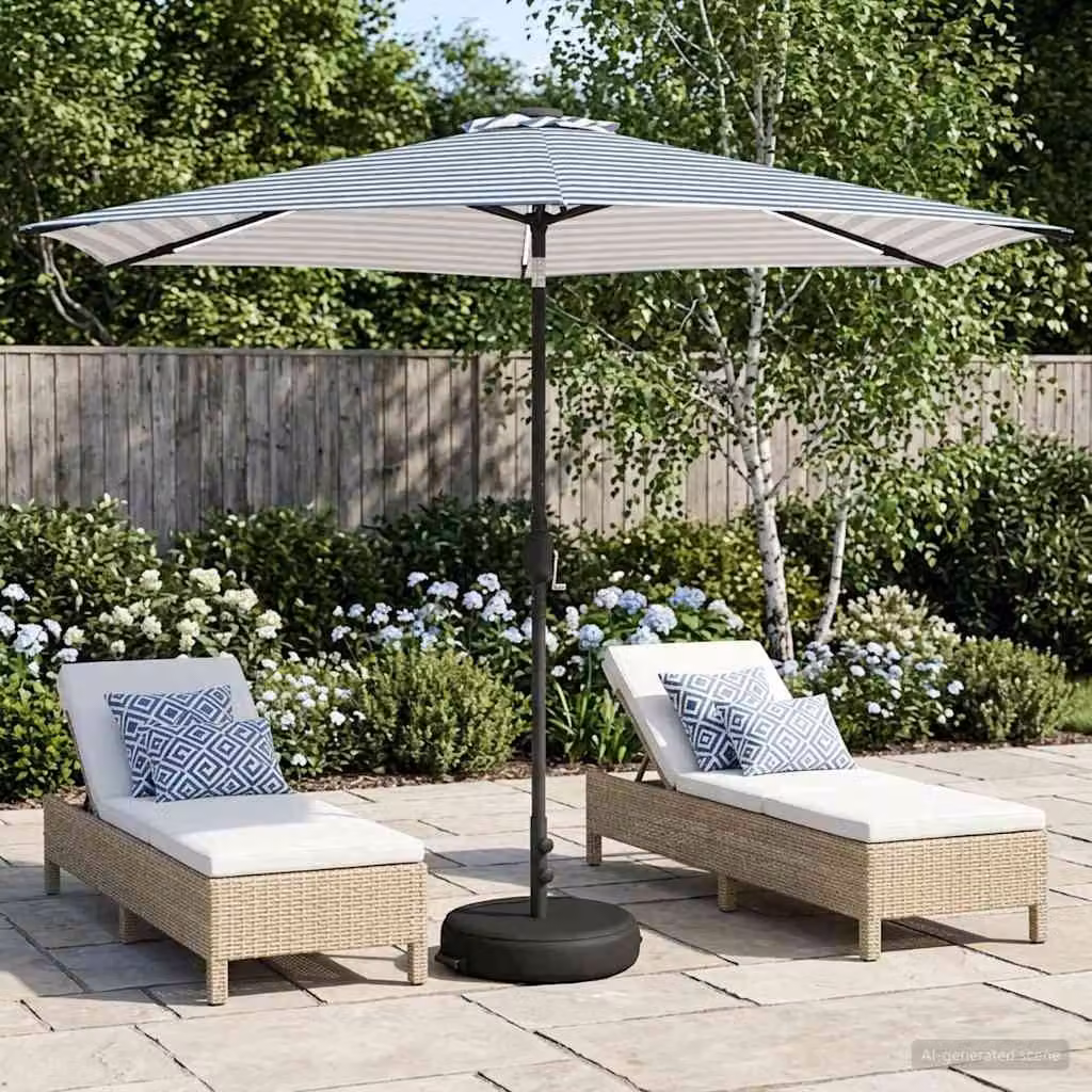 Parasol da giardino con luci LED e base vidaXL in poliestere, blu e bianco, L/P: 300 x 300 cm