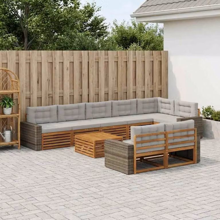 vidaXL Set di divani da esterno a L in legno di acacia con cuscini, 9 pezzi, Beige e Grigio