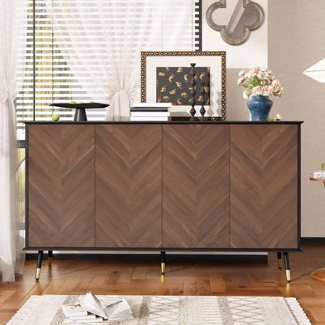 Credenza moderna geometrica con ante e cassetti soft-close in legno, metallo e MDF, disponibile in nero e marrone, L: 140 cm, H: 80 cm, P: 40 cm