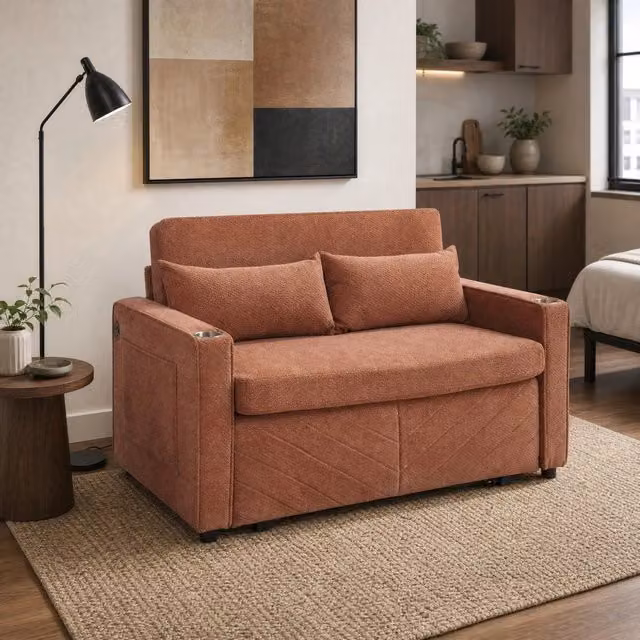 Divano letto 3 in 1 con trasformazione scorrevole e porte USB in legno e tessuto