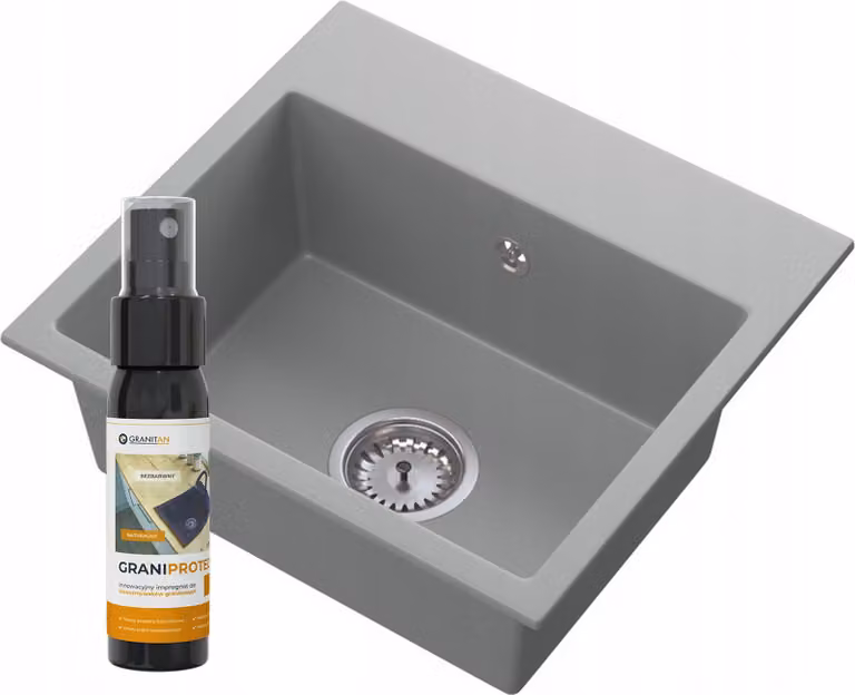 Granitan - Lavello in granito - Lavello da cucina - 45x42 cm - Grigio - con sifone - Lavello - MINI