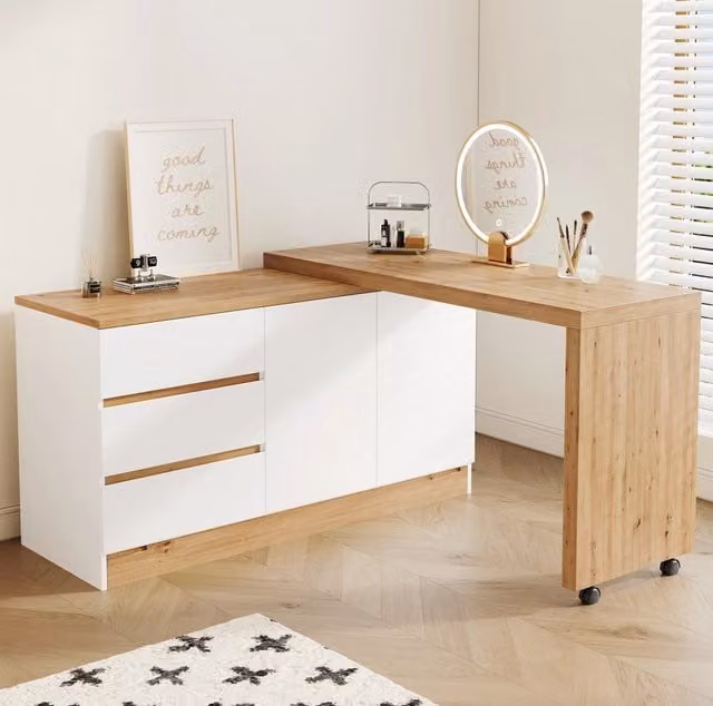 Scrivania pieghevole girevole con rotelle; 120x50x78 cm; 2 ante e 3 cassetti; bianco/rovere