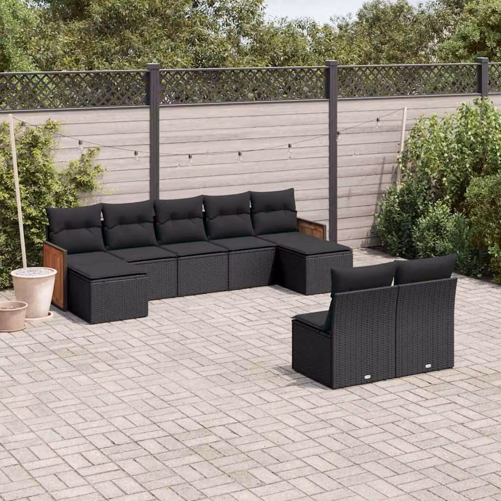 Set di Divani da Giardino vidaXL 9 pz in Polyrattan Nero con Cuscini e Struttura in Acciaio e Legno di Acacia – 1