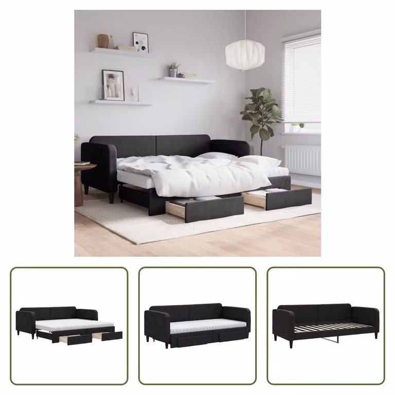 The Living Store Letto allungabile con cassetti nero 90x200 cm tessuto
