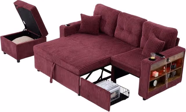 Divano letto estraibile 196x82-144x85 cm con contenitore; LED e USB-C in velluto a coste rosso vino