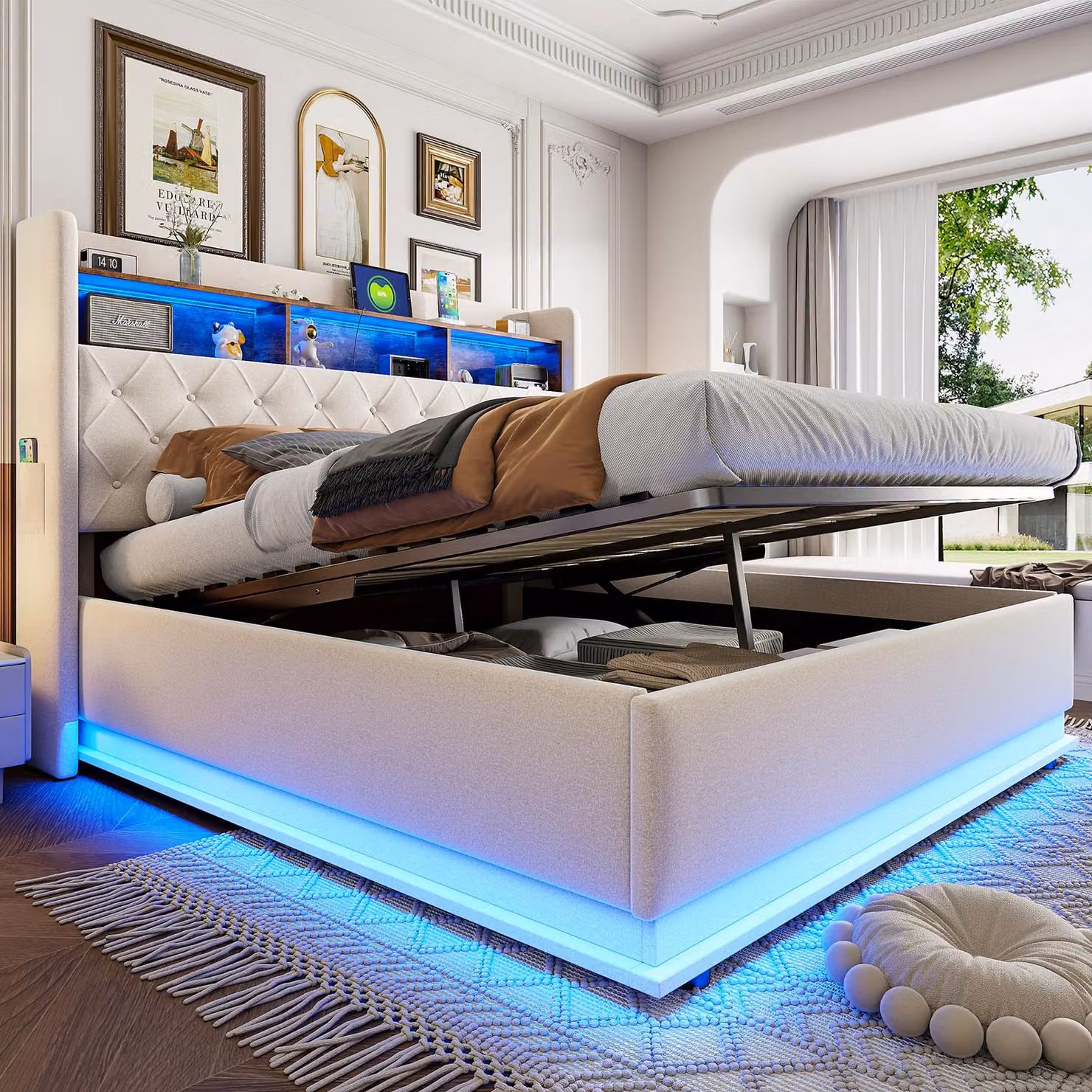 Letto imbottito 180 x 200 cm, letto contenitore con connessione di ricarica USB e spazio di archiviazione idraulico, tessuto di lino delicato sulla pelle, beige