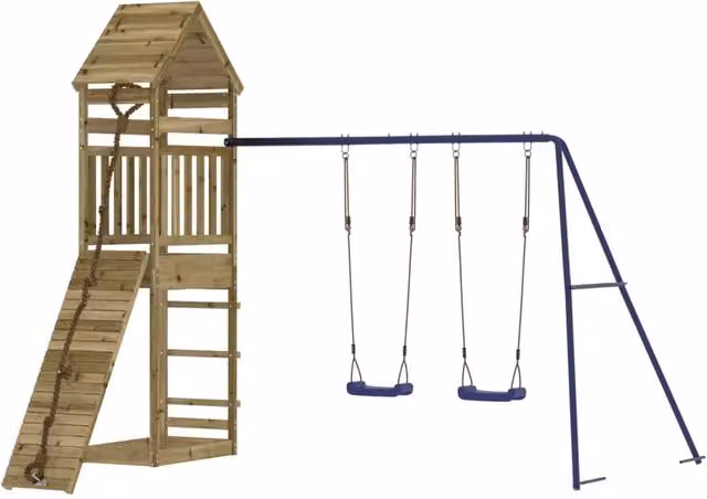 Parco giochi all'aperto con scivolo, altalene e sabbiera in legno di pino impregnato e polipropilene, multicolore, L: 315 cm, P: 257 cm, H: 264 cm