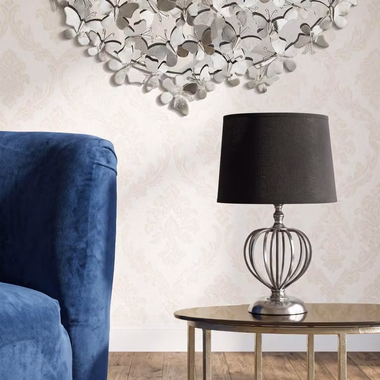 Lampada da tavolo in metallo e tessuto, diametro 28 cm, altezza 44,5 cm, colore nero e argento, modello Darky di Mauro Ferretti