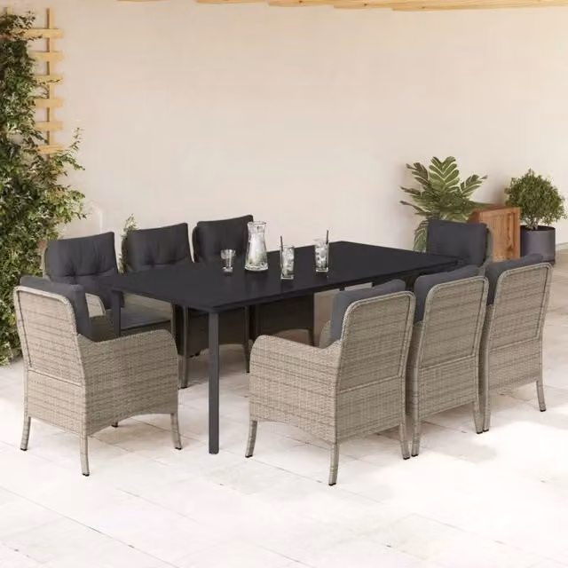 Set Pranzo da Giardino vidaXL in Polyrattan con Piano in Vetro e 9 Cuscini, Colore Antracite – 1