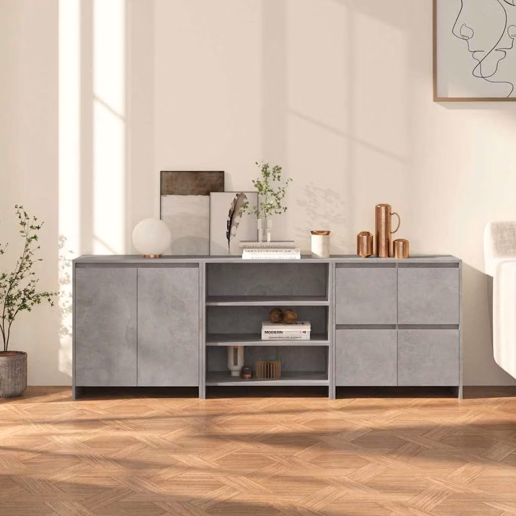 Set di 3 credenze vidaXL in legno multistrato, colore grigio cemento, stile moderno