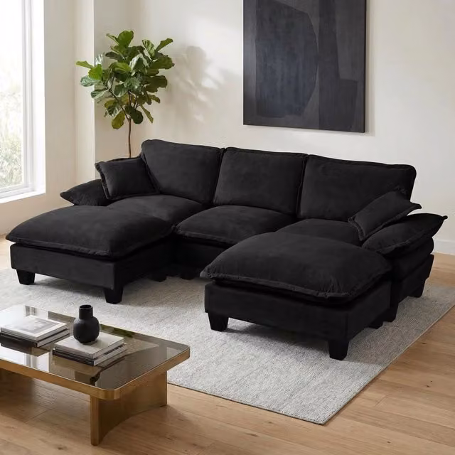 Divano Angolare Modulare a U MINIMAL con Ottoman in Chenille Nero e Struttura in Legno Solido