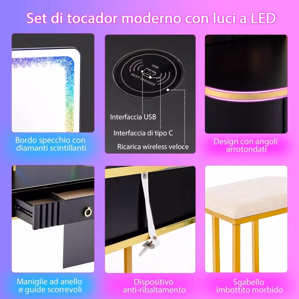 Toeletta da trucco Costway con specchio Hollywood LED dinamici e statici, porte USB e 4 cassetti, Nero, L 80 cm x P 40 cm x H 137 cm – 2