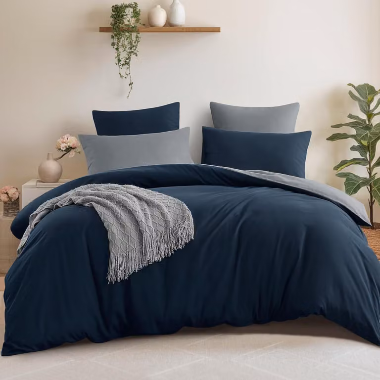 Copertura per letto 220x240, copripiumino reversibile, blu scuro/grigio