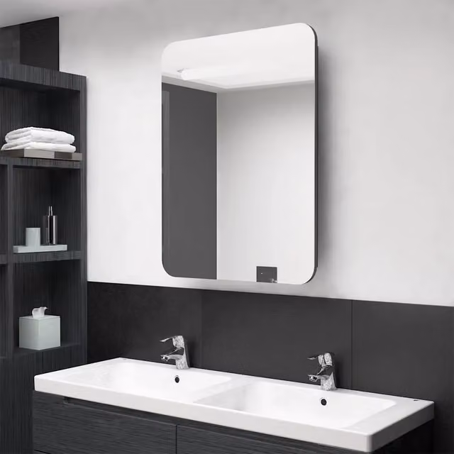 Armadietto da bagno con specchio e illuminazione LED vidaXL, Grigio lucido, L: 60 cm, P: 11 cm, H: 80 cm