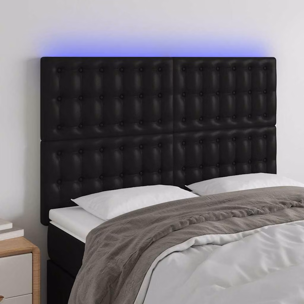 Testiera per letto vidaXL in similpelle nera con illuminazione LED integrata e porta di ricarica USB, L: 144 cm, P: 5 cm, H: 118/128 cm