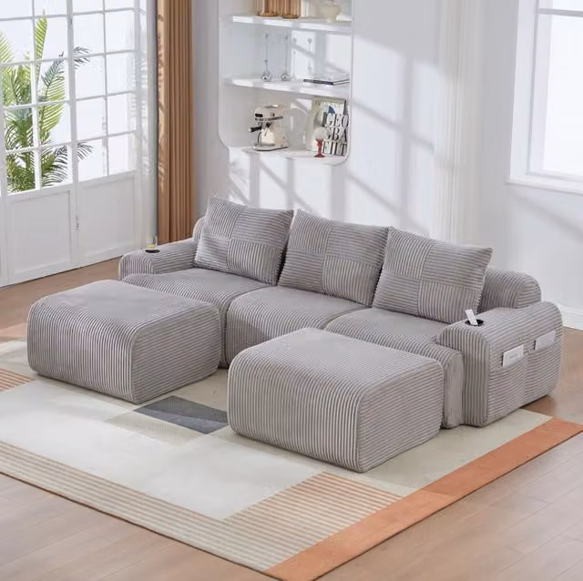 Divano modulare a 3 posti in corduroy grigio chiaro; con portabicchieri e tasca laterale; 268 cm