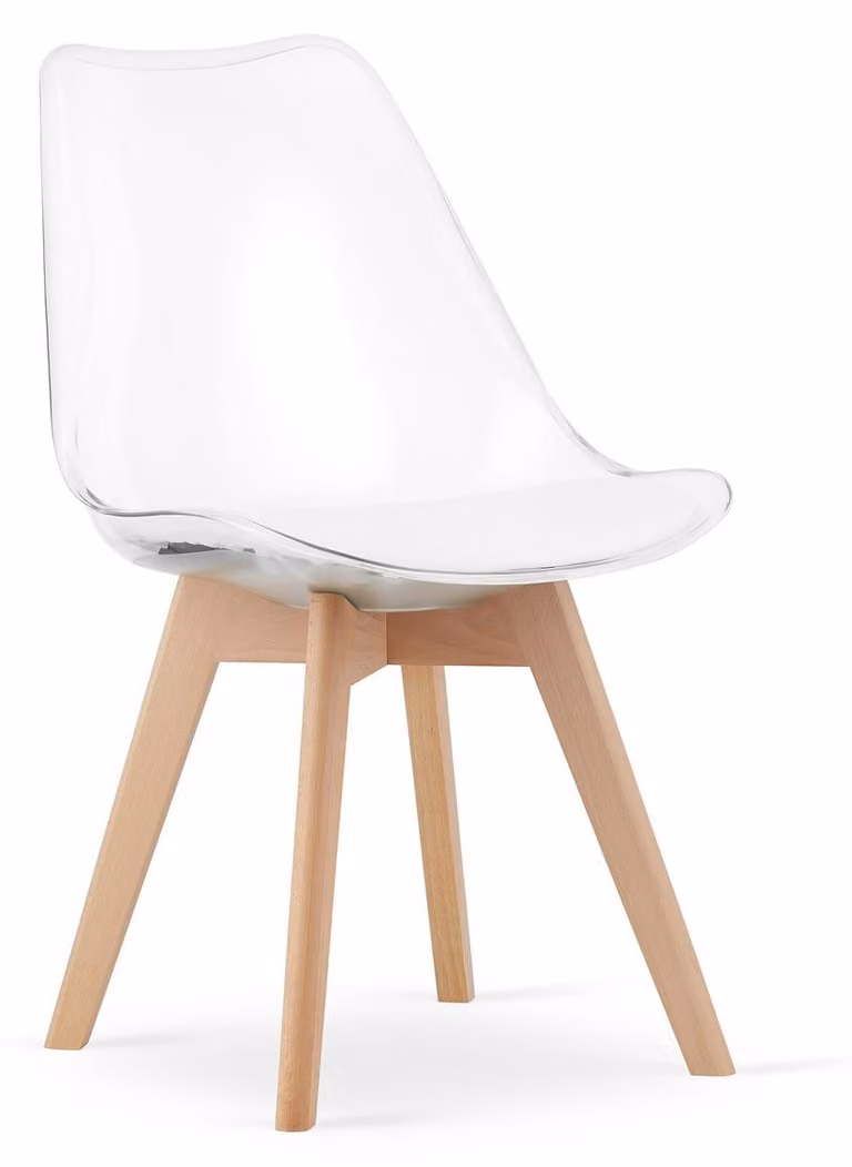 Sedia Mark trasparente con cuscino bianco e gambe in faggio