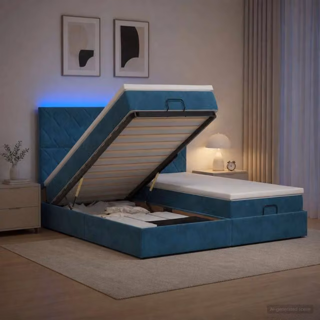 Letto Ottomano con Materasso vidaXL in Velluto Blu e Bianco con Illuminazione LED e Porta USB L/P/H: 200 x 200 x 7 cm – 1