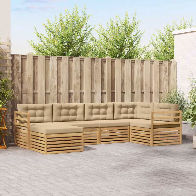 Set di divani da esterno vidaXL a forma di L composto da 6 pezzi con pouf e cuscini, struttura in legno di acacia e tessuto bianco e beige resistente ai raggi UV