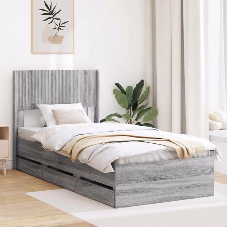 vidaXL Struttura letto moderna con contenitore e testata in legno ingegnerizzato Grigio L: 140 cm, P: 200 cm, H: 82 cm