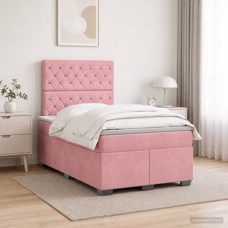 Letto box spring con materasso vidaXL in velluto rosa e bianco, L/P: 120 x 200 cm