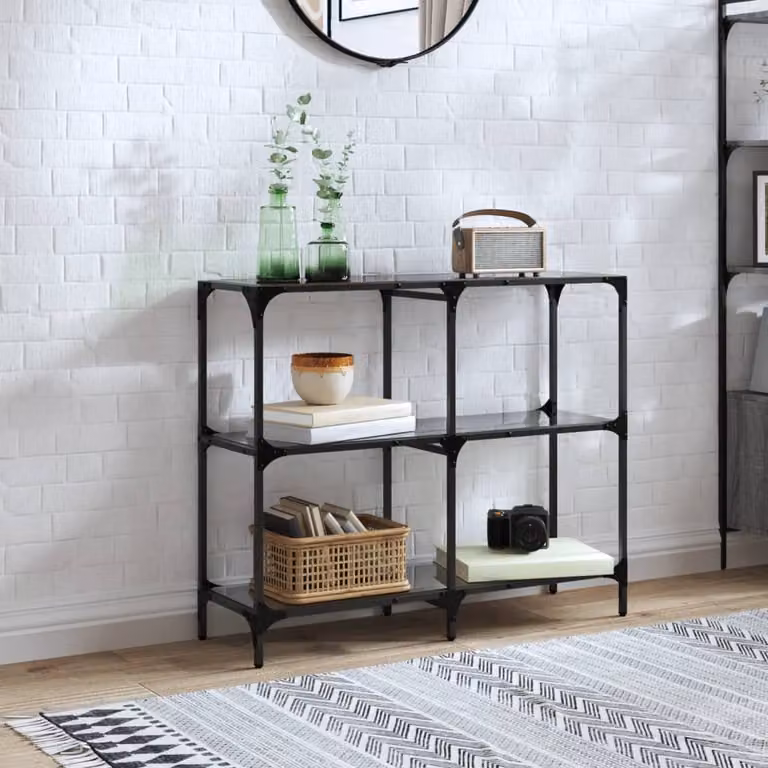 vidaXL Tavolino Consolle Moderno con Piano in Vetro Nero e Struttura in Metallo L 98 cm x P 30 cm x H 81 cm
