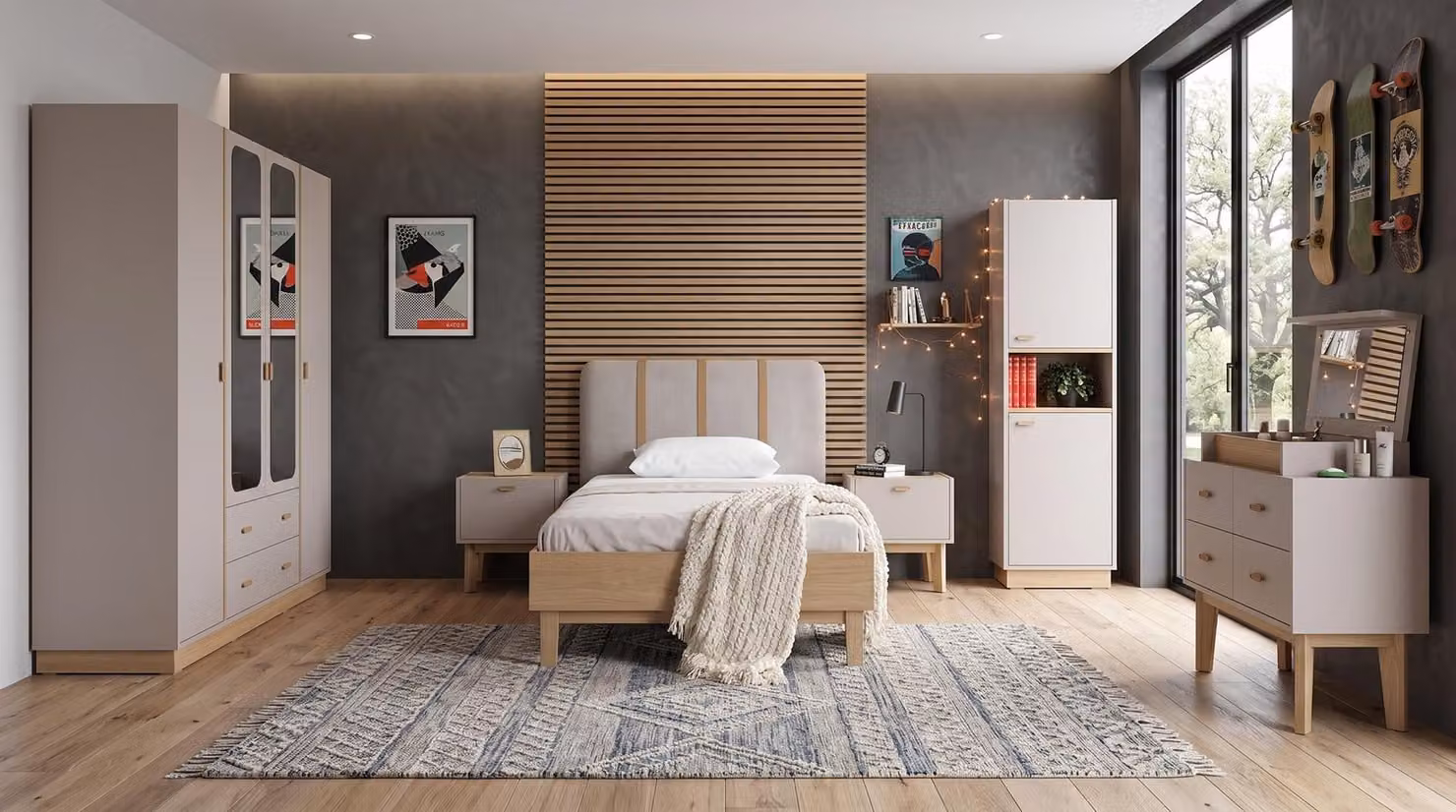 Camera da letto per adolescenti in tonalità beige: letto, armadio, comodini, cassettiera, libreria
