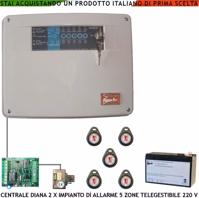 Centrale Antifurto Diana Securvera a 5 Zone con Batteria 12V 7Ah e 5 Chiavi, Impianto Filo Bianco